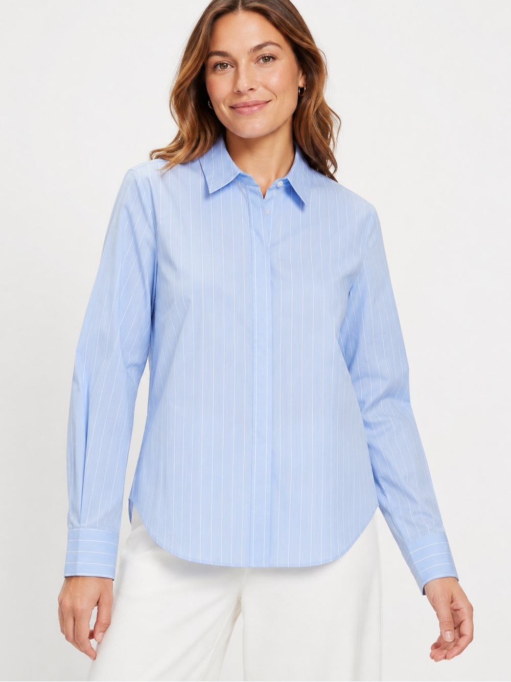 SPANX® Stripe Poplin No-Gape Tailored Button Down Top Blue and White Stripe S